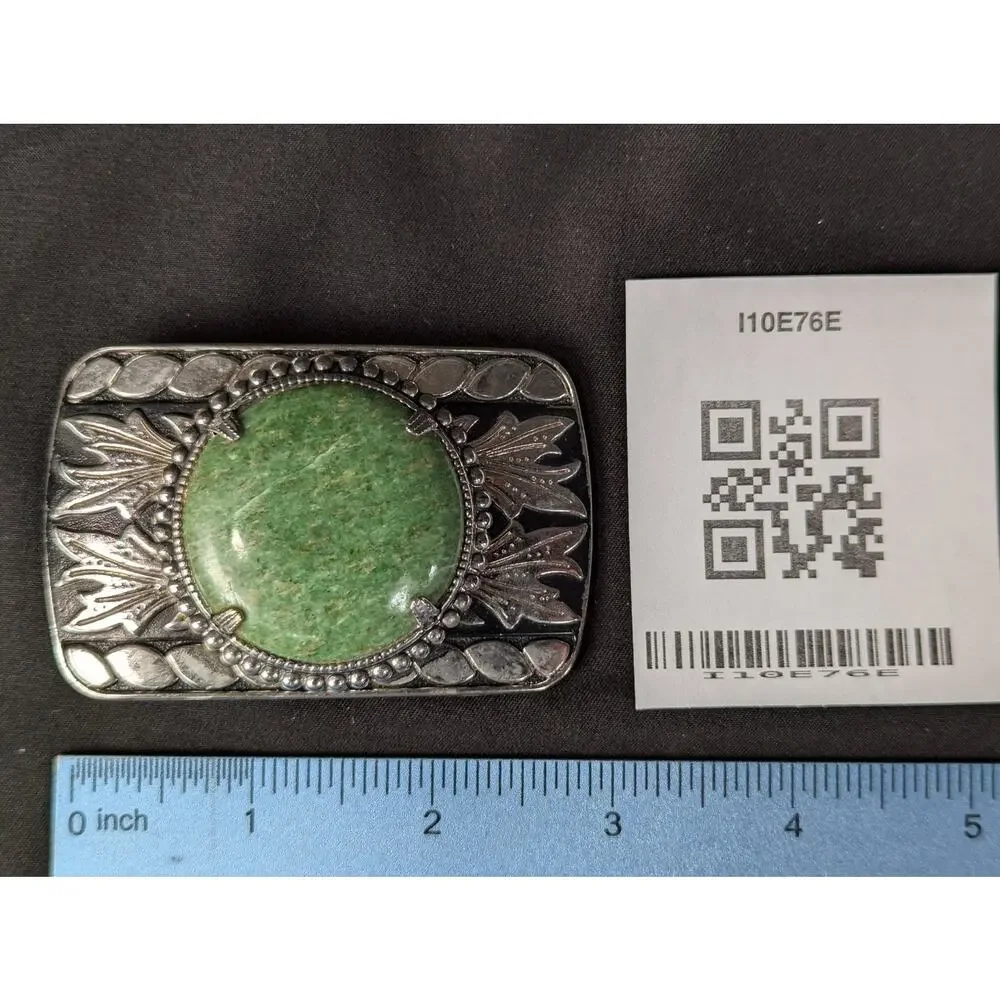 Vintage Western Style Belt Buckle Green Stone Cabochon Leaf Motif Women Acces...